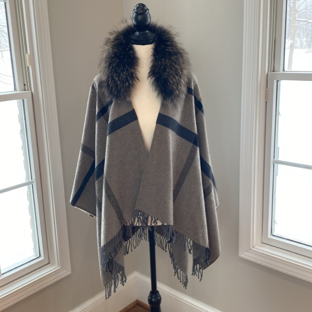 Pinko Zampone shawl wool rabbit black gray plaid quiet luxury real fur